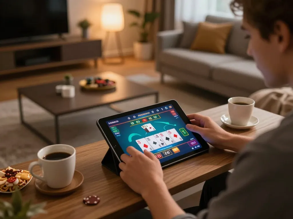 Engaging user playing CK444 online casino game on a tablet, cozy home atmosphere enhancing gaming focus