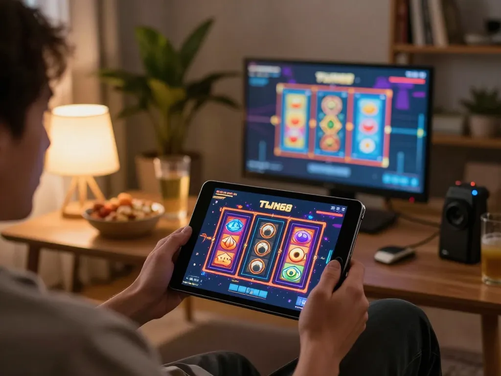 TWIN68 user engaging in online gameplay on tablet, showcasing colorful slots in a cozy environment