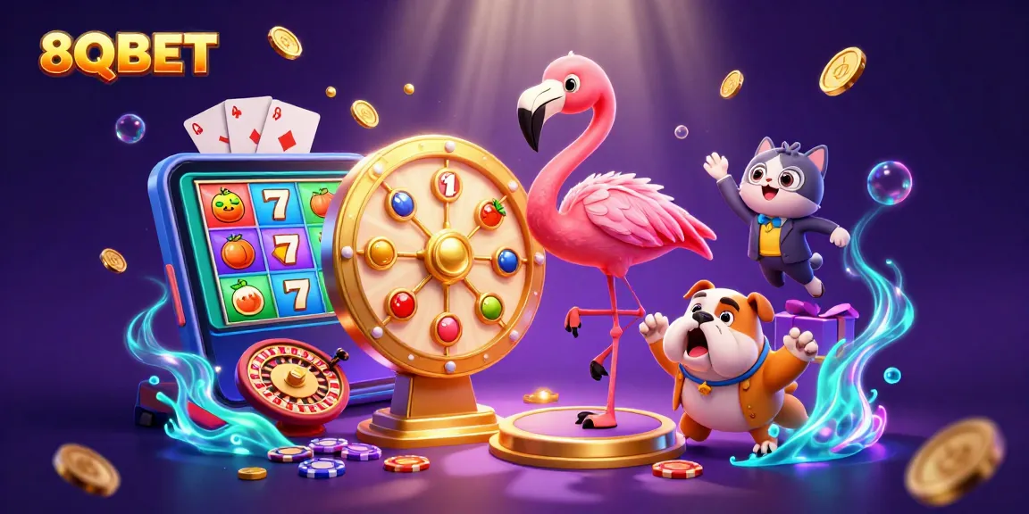 Spin to win at 8QBET with an exciting prize wheel and playful characters celebrating gaming