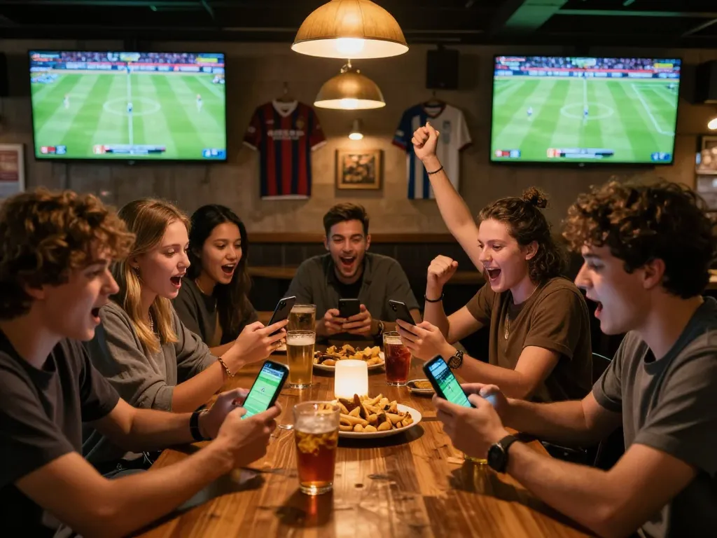 Friends placing bets on kèo nhà cái while cheering for their favorite team in a lively sports bar