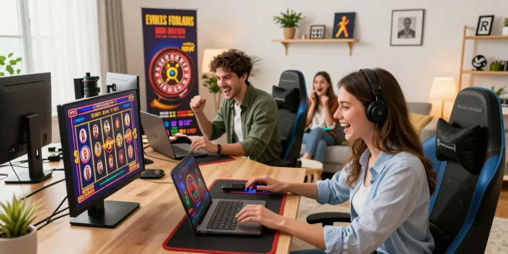 Exciting scene of players enjoying online slots at non GamStop casinos, showcasing diverse gamers in a modern home setting with vibrant screens and gaming props.