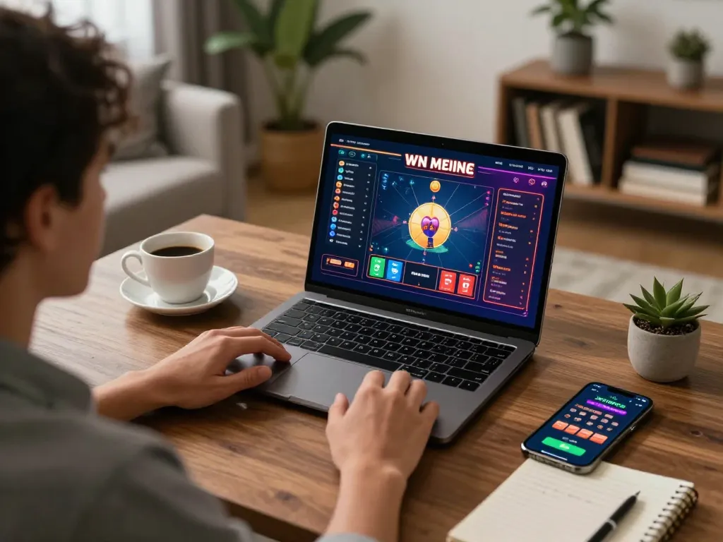 Engaging in online gambling at https://tr88.pics/ with a laptop and betting app at home, demonstrating responsible gaming.