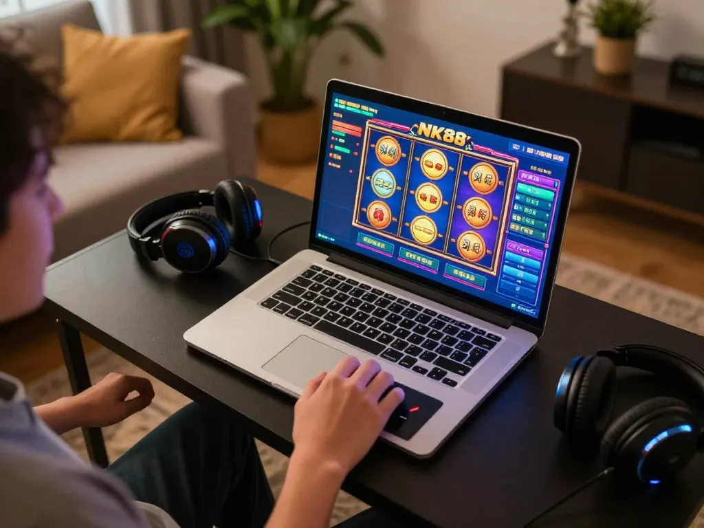 Engaging in NK88 slot games online, showcasing colorful interface and cozy home gaming setup.