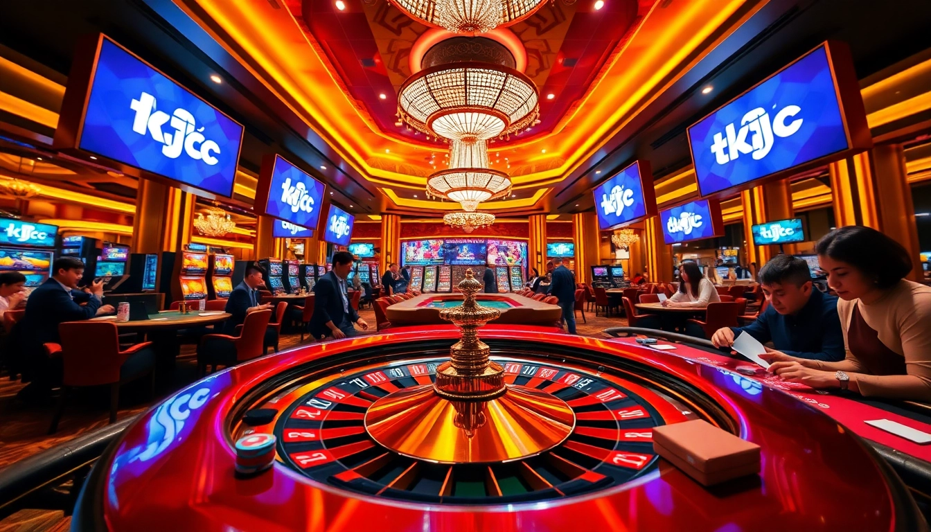 Engaging casino scene with players at the poker table showcasing tập đoàn kjc excitement and luxury.