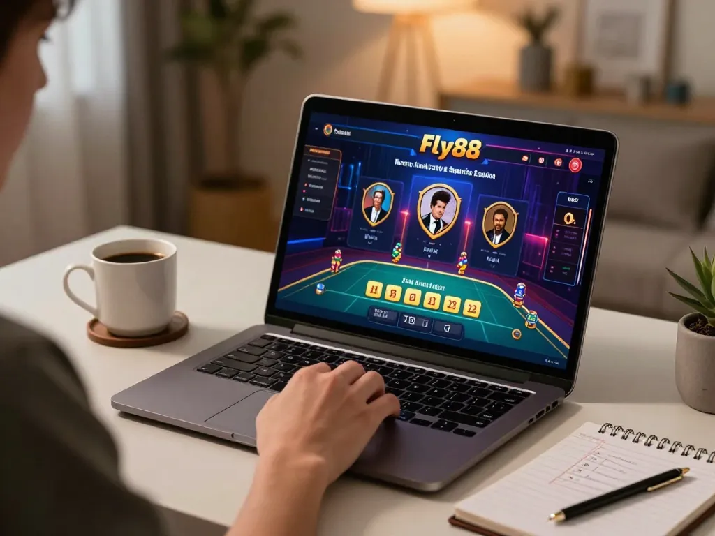Fly88 online gaming experience with player engaged in betting strategies in a cozy setup