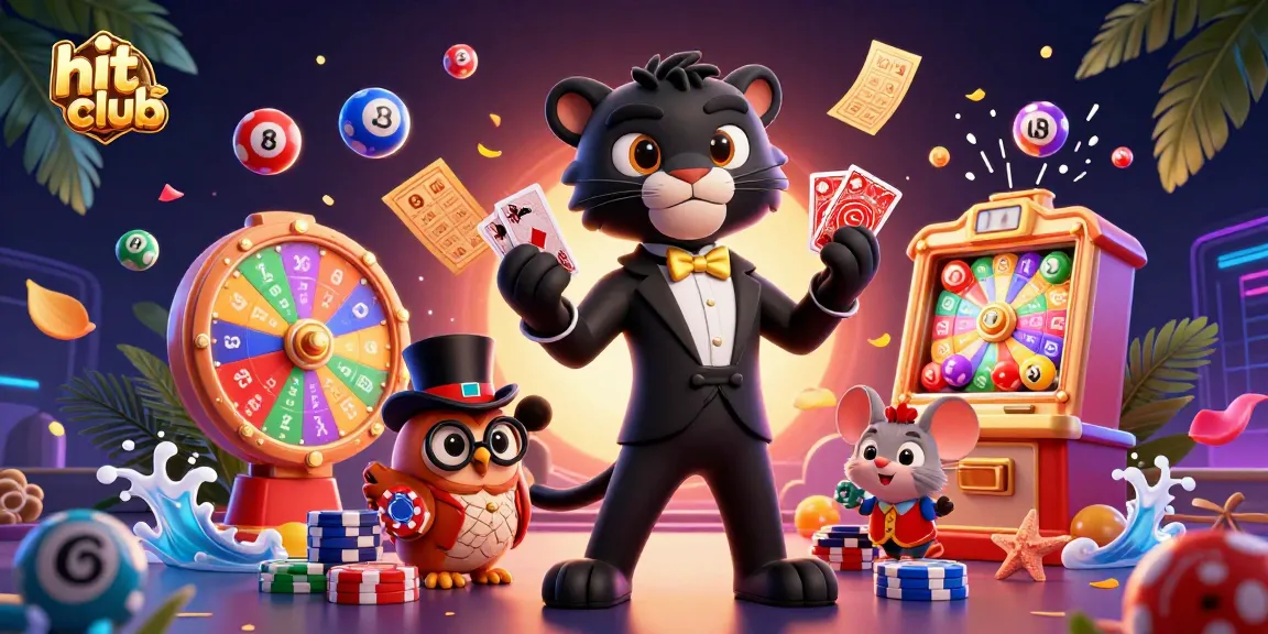 Join the excitement at hit club with stylish characters celebrating casino games and prizes.