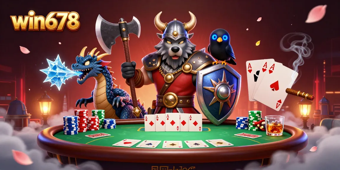 Engage with thrilling poker strategies at win678, illustrated with vibrant casino characters and scenes.