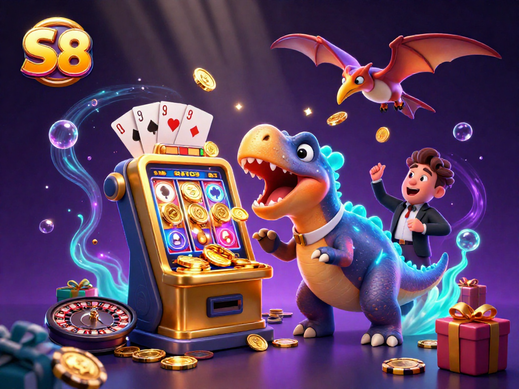 S8 platform showcases a lively 3D lottery scene with vibrant characters and gaming elements for engagement.