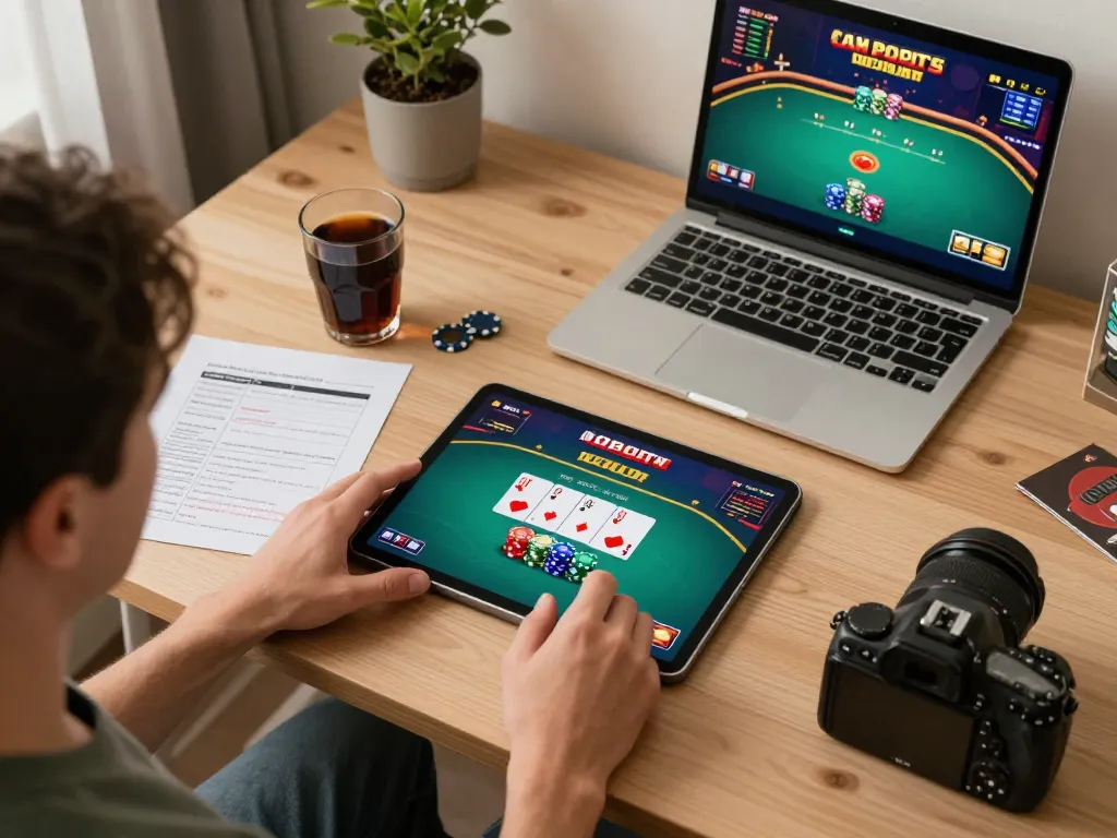hb88 user engaged in online poker strategy with vibrant gaming setup.