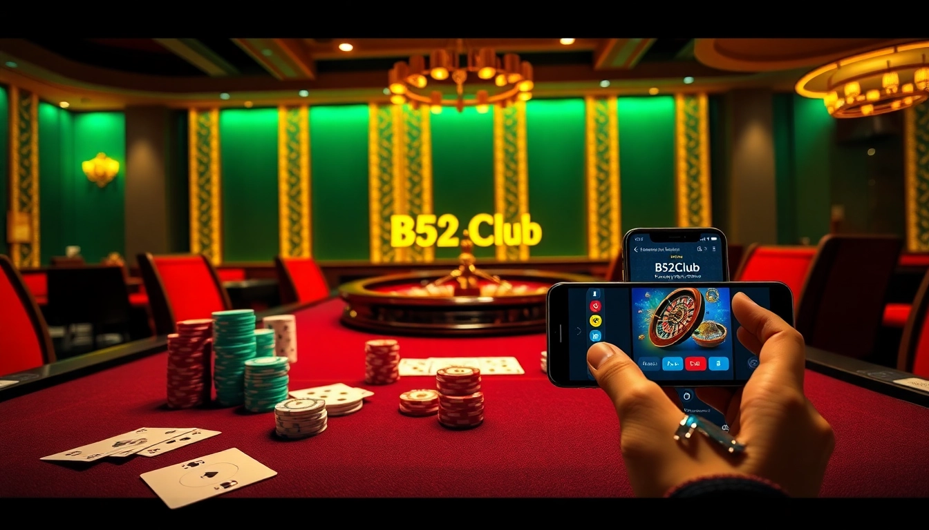 B52Club showcases a high-stakes poker table with chips and cards in a luxurious online casino setting.