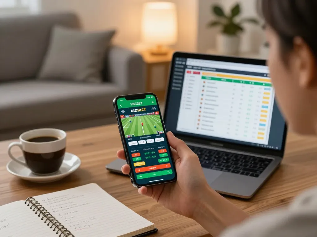 SBOBET mobile app on smartphone showing exciting live sports bets in a cozy home setting.
