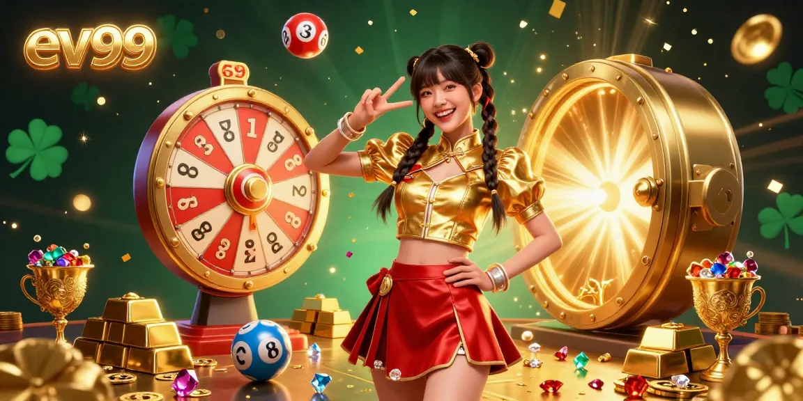 Join the excitement with ev99 as a vibrant Asian woman celebrates amidst dazzling casino prizes and gold!