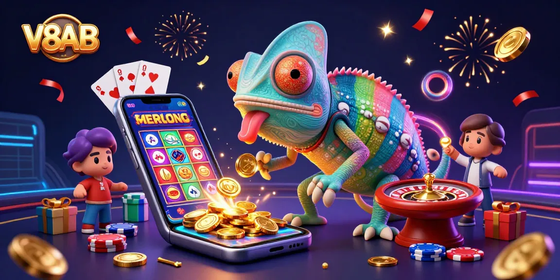 Engage with winning strategies at V8AB, where a chameleon casino owner watches over gaming fun.