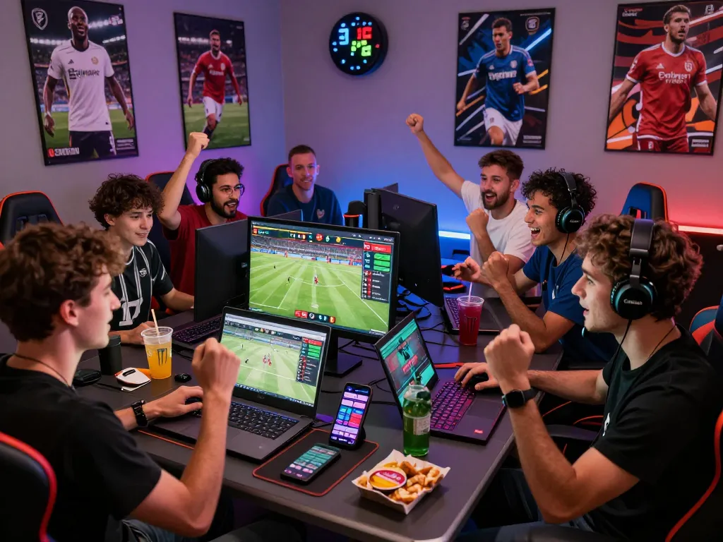 Excited friends enjoying vào bóng 1gom football betting together in a colorful gaming room.
