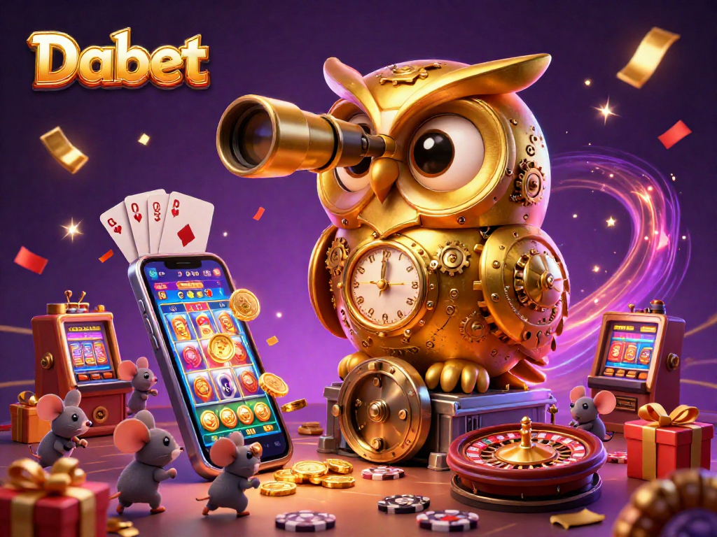 Dabet presents a vibrant 3D casino scene featuring a golden owl and mouse patrons among slot machines and gaming elements.