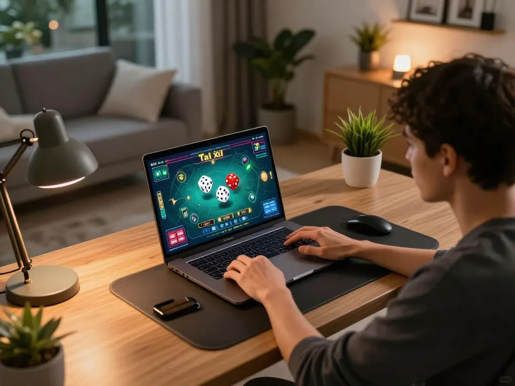 Tài xỉu online gameplay on laptop in a cozy home office setup, showcasing strategic engagement and modern lifestyle.