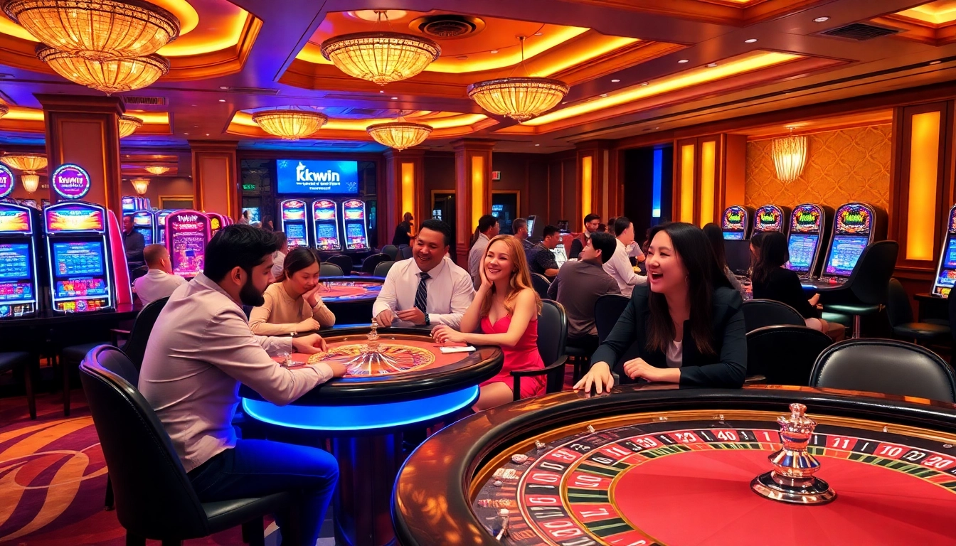 Players enjoying games at KKWIN casino with vibrant tables and slot machines.