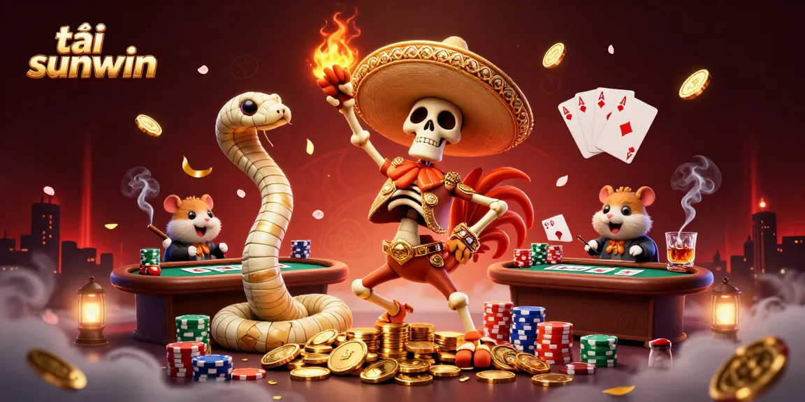Experience the excitement of tải sunwin with lively characters celebrating amidst poker action and vibrant casino elements.