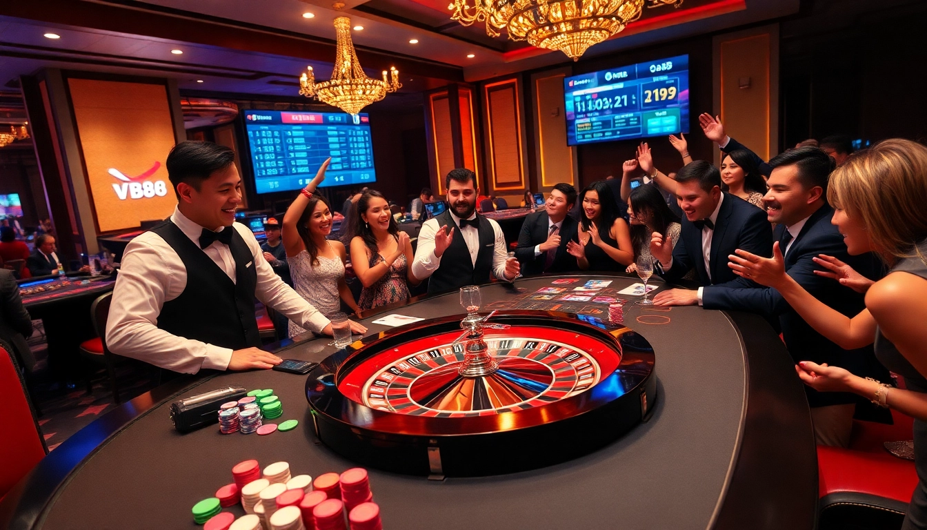 Experience the thrill of winning at vb88 with a vibrant casino scene featuring a professional dealer and excited players.