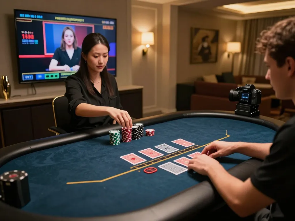 va88 engaging online gaming setup showing player interacting with virtual dealer and cards.