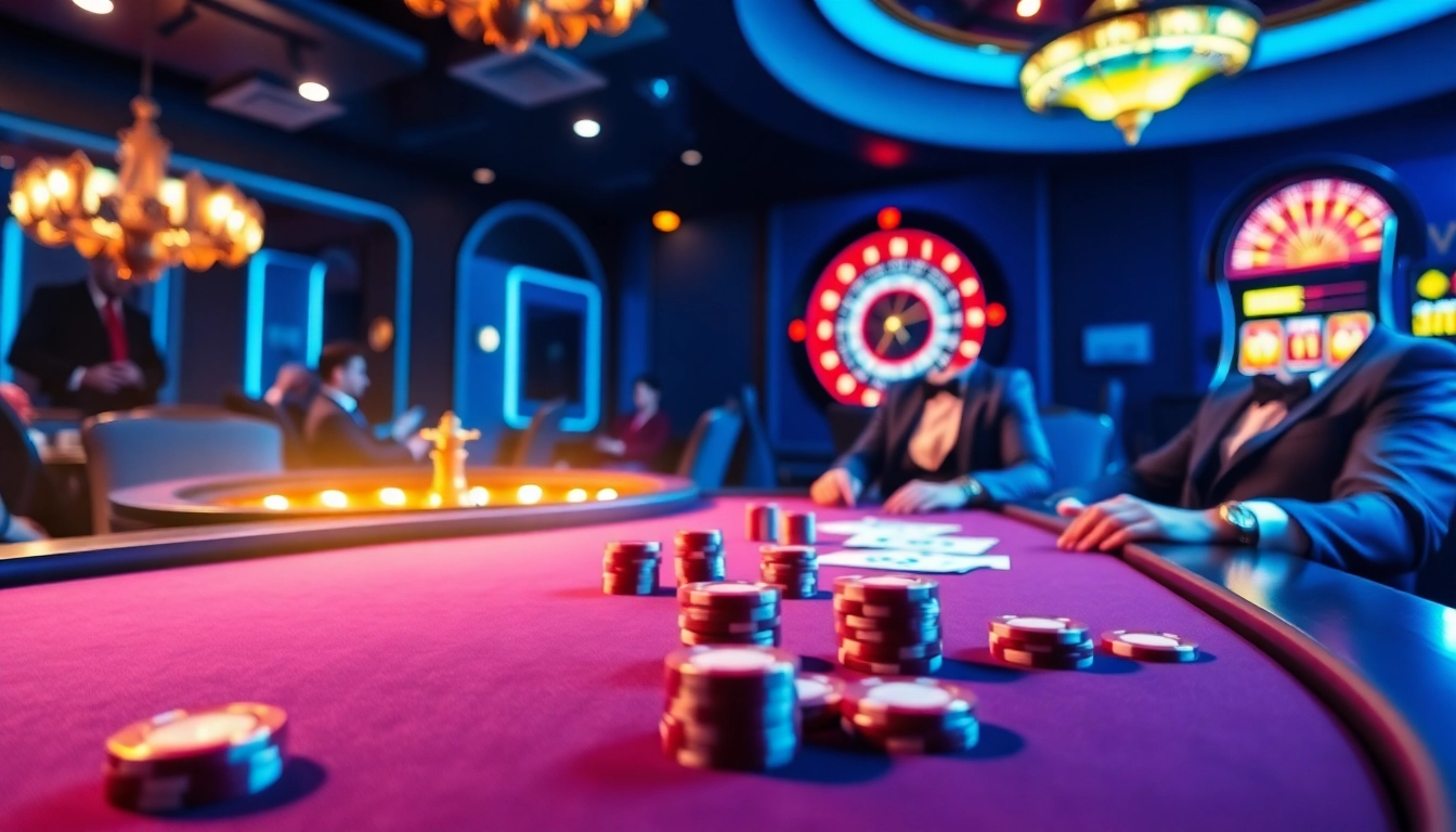 Experience the thrill of gambling with Link LUCK8 at a luxurious casino poker table with vibrant colors.