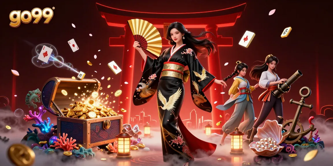 Engage with go99's vibrant online casino experience featuring a stunning Asian figure amidst magical gaming elements.