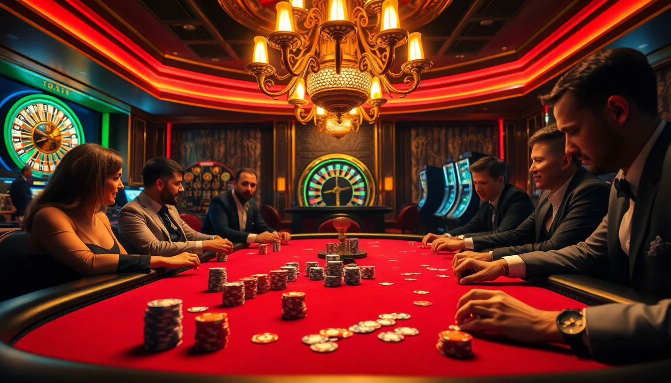 Engage in thrilling high-stakes poker at newphim casino featuring vibrant chips and cards under luxurious lighting.