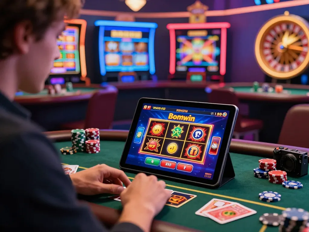 Dynamic Bomwin gaming experience with vibrant casino atmosphere and engaging user interface on tablet