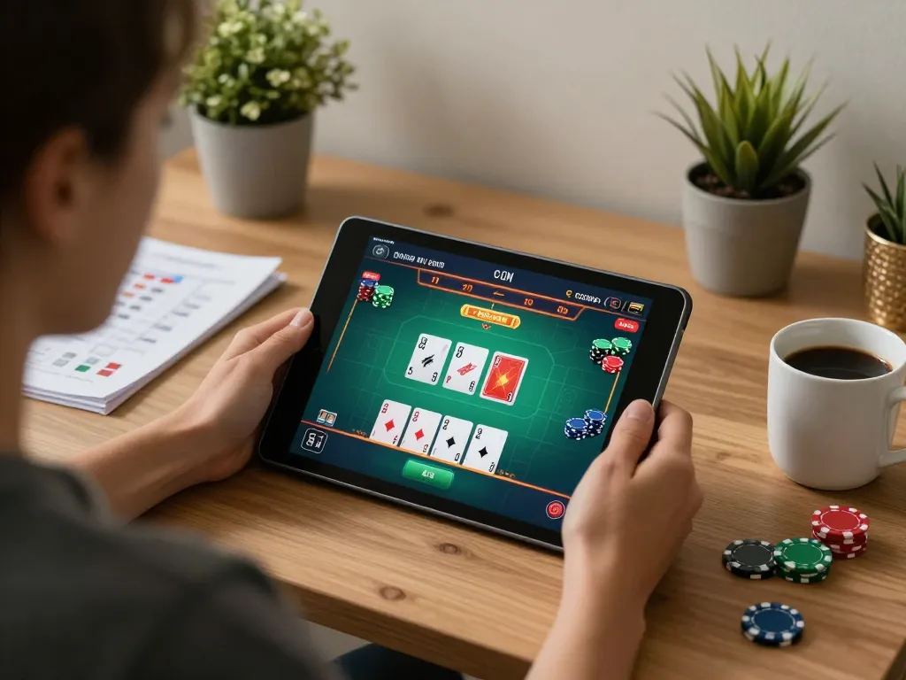 Engaging in online casino gameplay on a tablet at home, featuring sky88 poker interface.