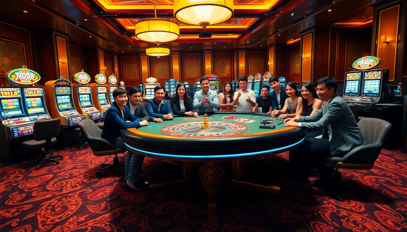 Players enjoying the thrill of gaming at KJC RR88 casino table with vibrant slots in view.