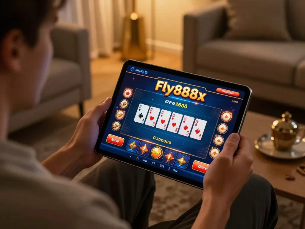 Engaged player strategizing a poker game via the fly888x interface on a tablet in a cozy living room setting.