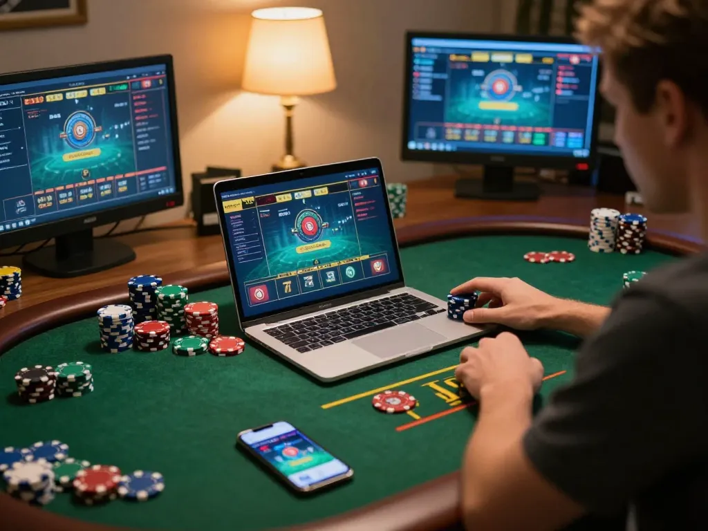 Person enjoying online gaming through nhacaiuytinn, engaging with a live dealer table game