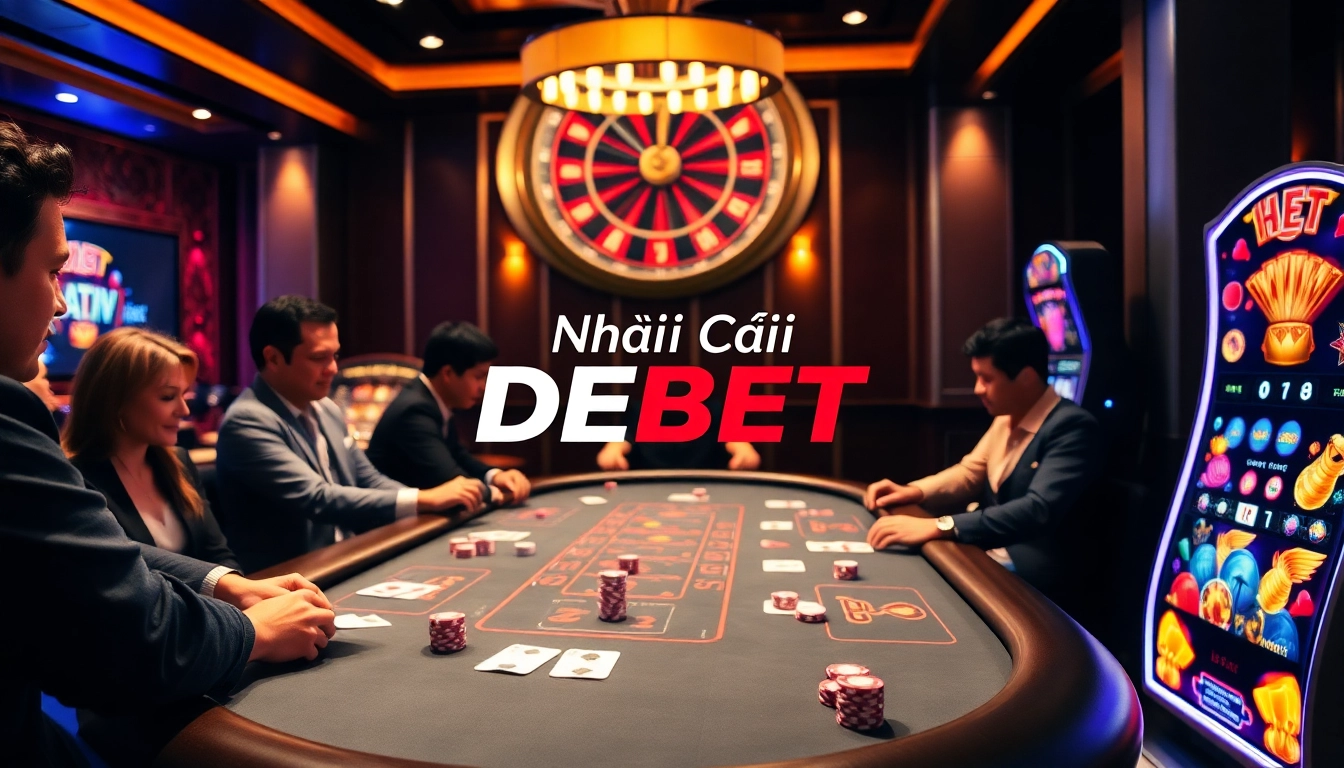 Engaging players at Nhà Cái DEBET poker table, showcasing luxury and excitement.