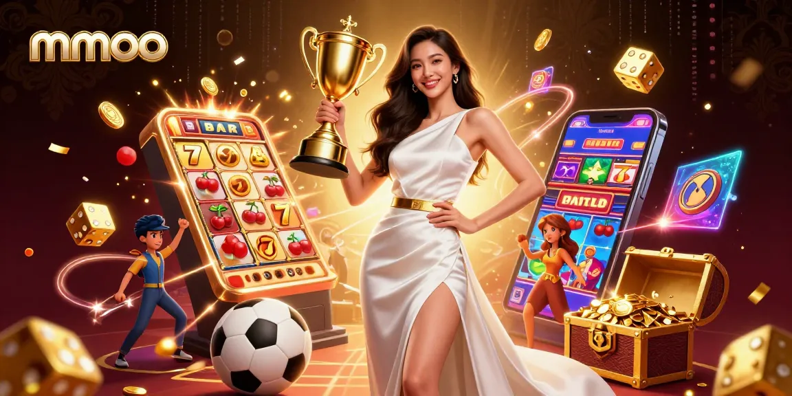 Win with mmoo: An illustration showcasing a triumphant casino scene filled with sports and slot elements.