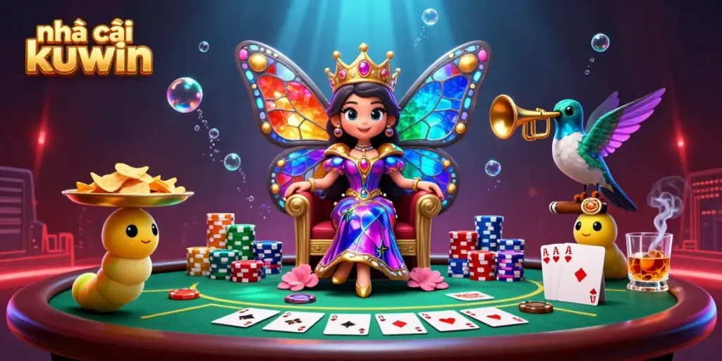 Engage with the excitement at nhà cái kuwin, featuring a colorful casino scene with a butterfly queen and poker elements.