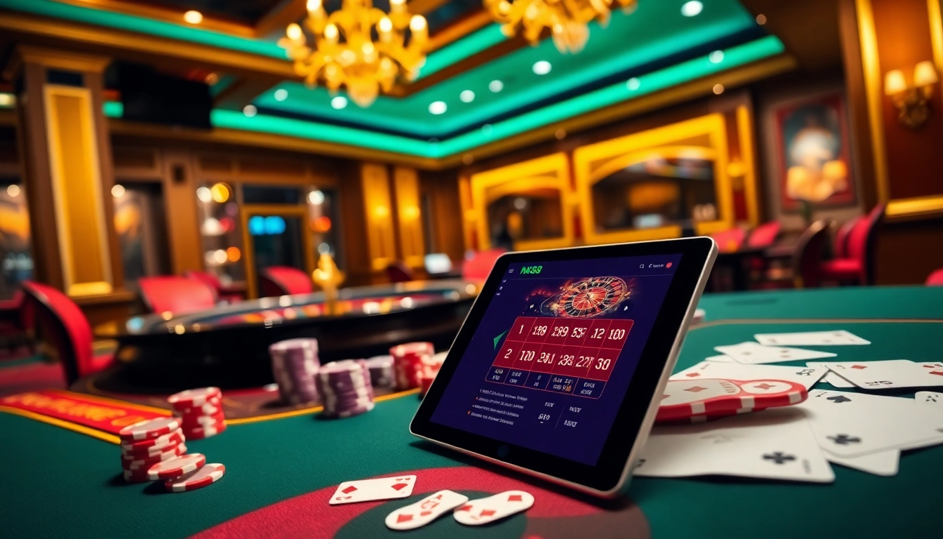 Experience the thrill of NK88 with a vibrant casino scene featuring poker chips and a roulette wheel.