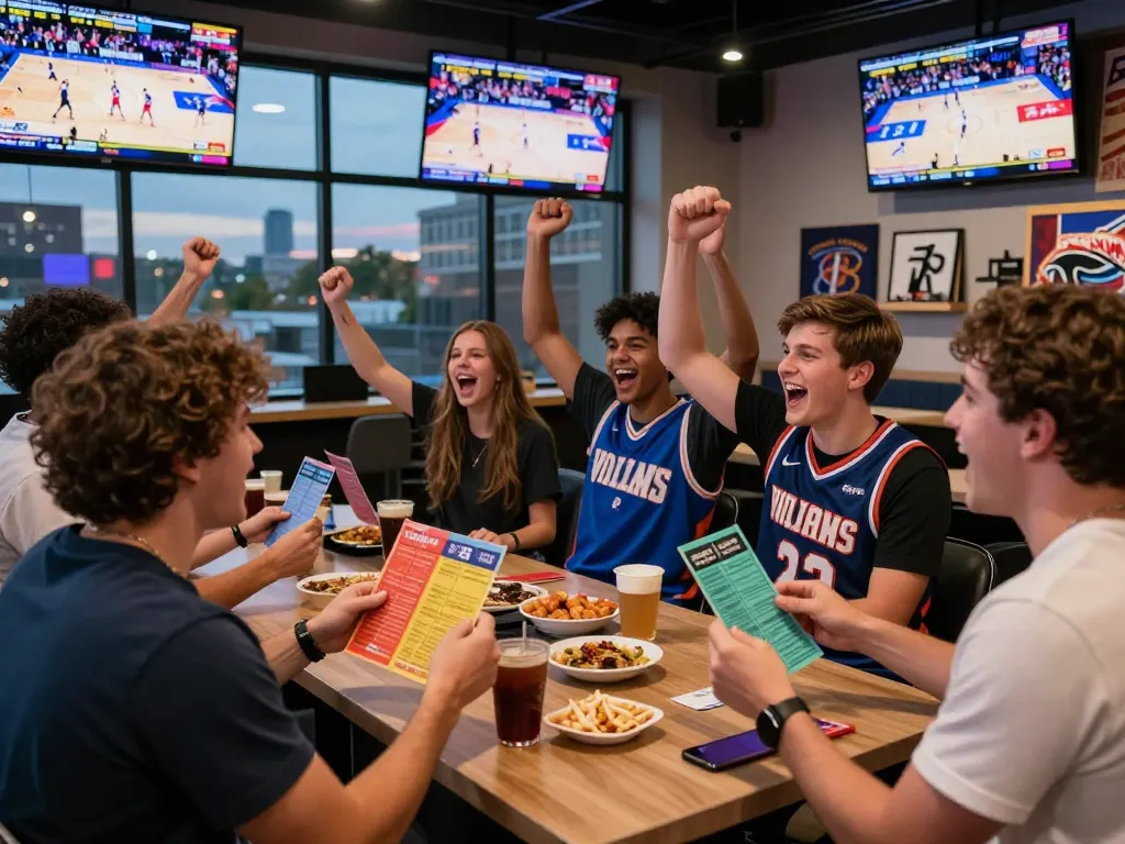 Group of friends celebrating while placing bets at Topbet sportsbook, vibrant atmosphere with live sports on screens