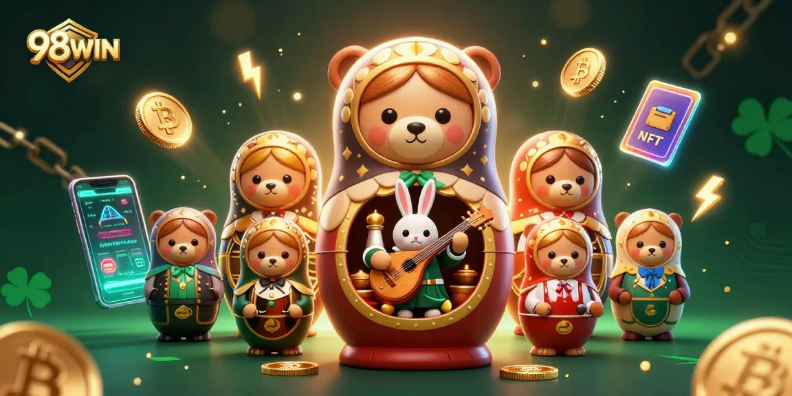 Experience the thrill of 98WIN with vibrant casino elements and characters in a stunning digital illustration.