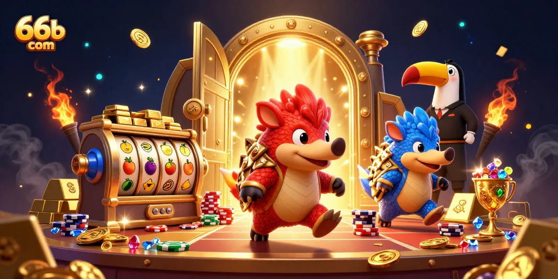 Experience thrilling slots and casino excitement with 66b com in a vibrant 3D cartoon scene.