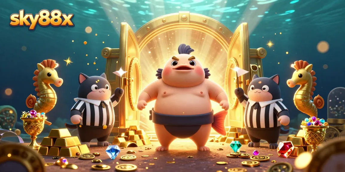 Engage in thrilling games at sky88x with a dynamic illustration showcasing a vibrant underwater casino theme.