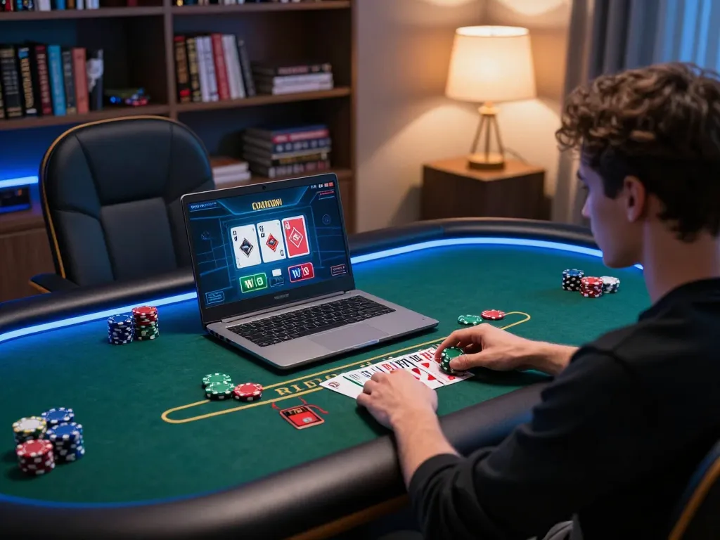 Player immersed in KP88 online blackjack from home gaming setup with colorful cards and chips.