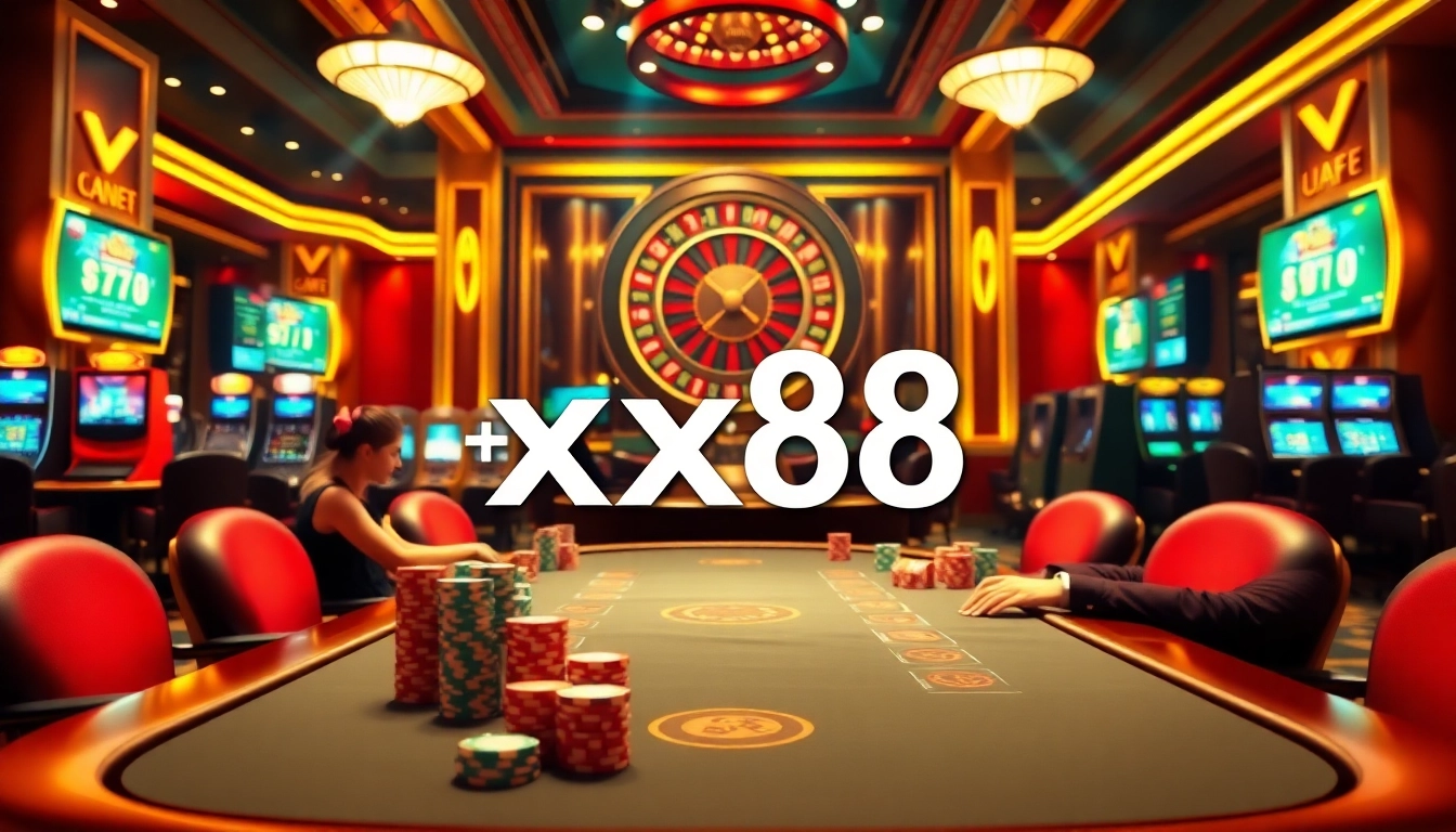 Excited players at an xx88 poker table, celebrating wins with colorful chips and cards.