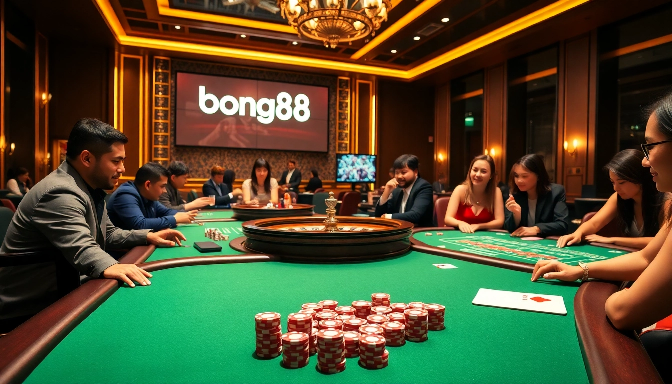 A dynamic gaming environment showcasing a vibrant scene of players engaging with bong88's online gambling platform filled with excitement and luxury.