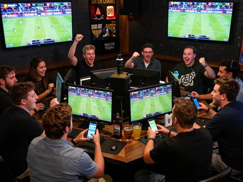 rr88 sports betting scene showcasing enthusiastic bettors engaged with multiple screens and betting apps