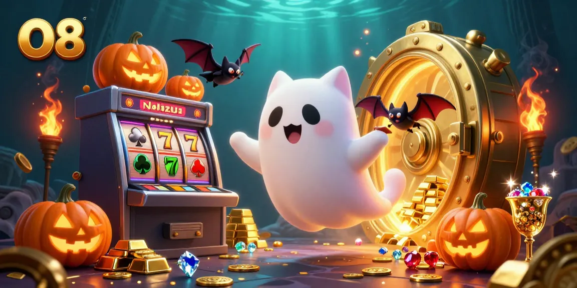Engage with O8's thrilling casino experience featuring a ghost cat in a haunted slot mansion under gem-filled glow.