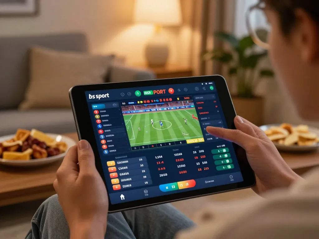Engaging in online sports betting with bsport interface on a tablet, cozy home atmosphere.