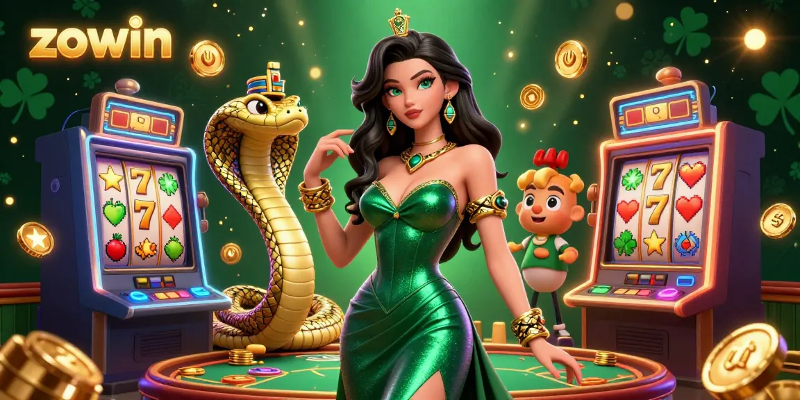 Spin the reels for fortune with Zowin's engaging casino scene packed with colorful slot machines and glowing elements.