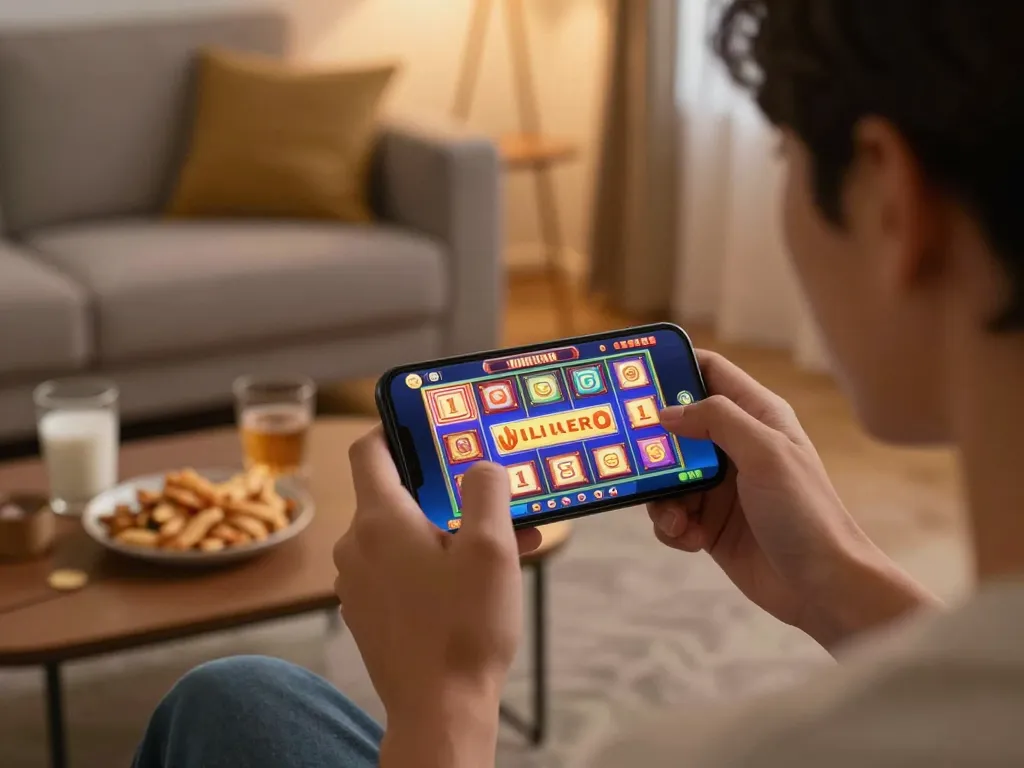 Engaged player spinning Jili slot games on a smartphone in a cozy home setting.