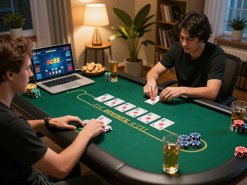 Engaging moment in online gaming with Game sc88 poker interface displayed on laptop, cozy home atmosphere