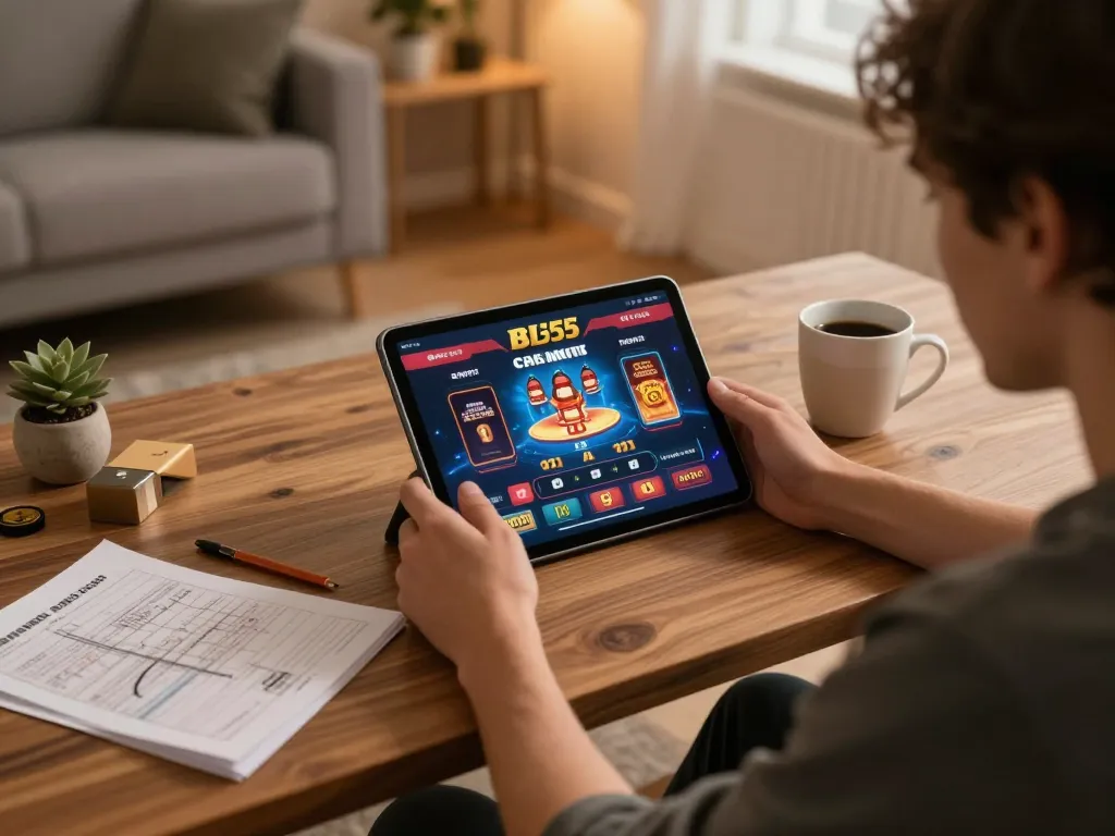 Player enjoying interactive bl555 casino games on a tablet in a cozy home environment.